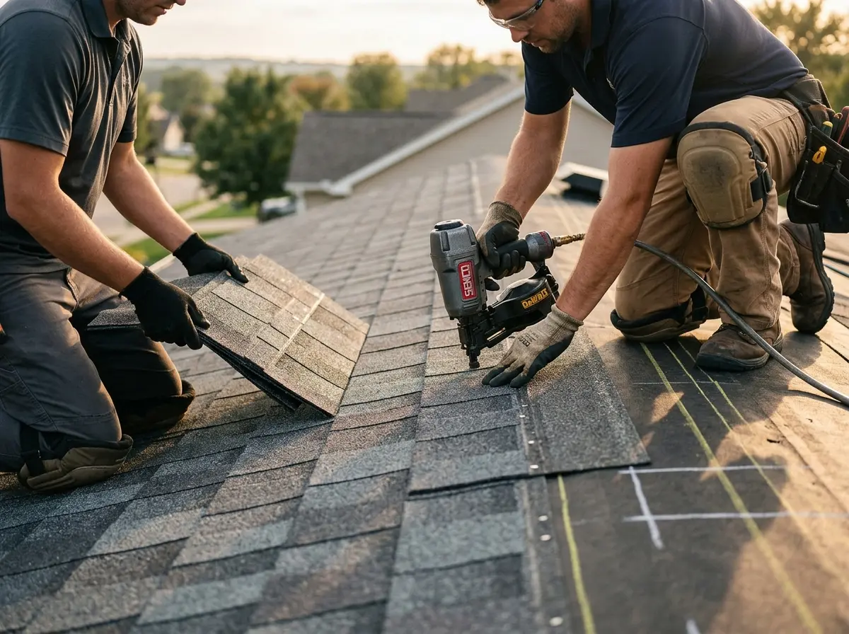 Professional roofer working on a residential roof in Treasure Island